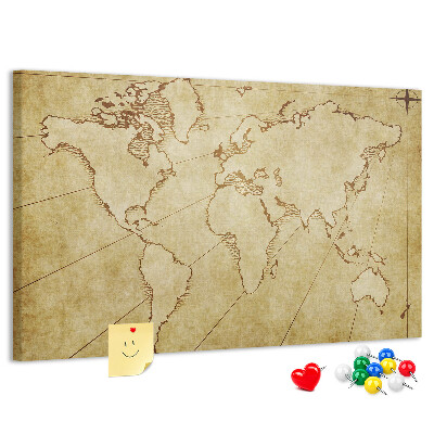 Bacheca in sughero con mappa antica del mondo e dei continenti