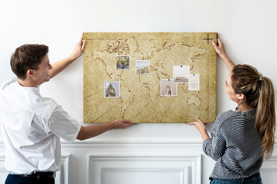 Bacheca in sughero con mappa antica del mondo e dei continenti
