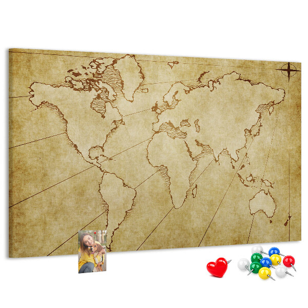 Bacheca in sughero con mappa antica del mondo e dei continenti