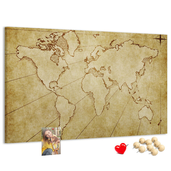 Bacheca in sughero con mappa antica del mondo e dei continenti