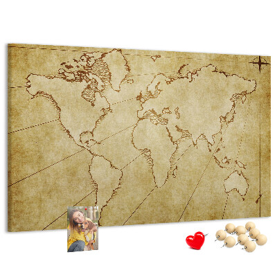 Bacheca in sughero con mappa antica del mondo e dei continenti