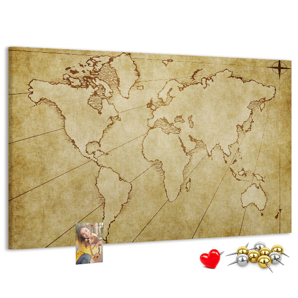 Bacheca in sughero con mappa antica del mondo e dei continenti