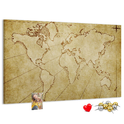 Bacheca in sughero con mappa antica del mondo e dei continenti