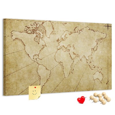Bacheca in sughero con mappa antica del mondo e dei continenti