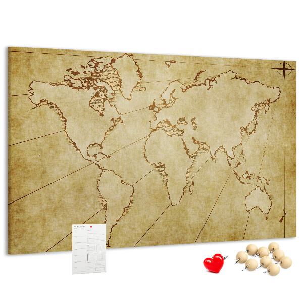 Bacheca in sughero con mappa antica del mondo e dei continenti