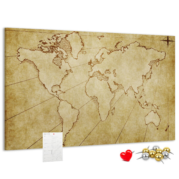 Bacheca in sughero con mappa antica del mondo e dei continenti