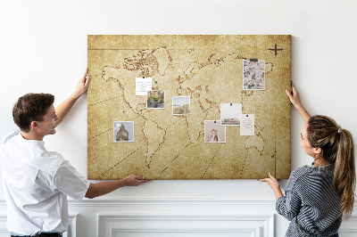Bacheca in sughero con mappa antica del mondo e dei continenti