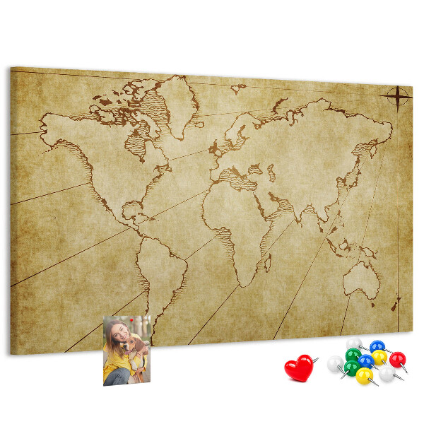 Bacheca in sughero con mappa antica del mondo e dei continenti