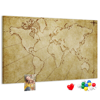 Bacheca in sughero con mappa antica del mondo e dei continenti