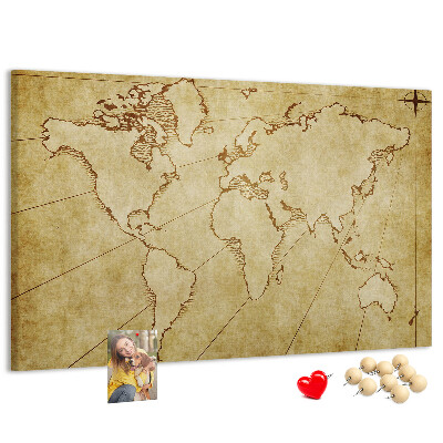 Bacheca in sughero con mappa antica del mondo e dei continenti