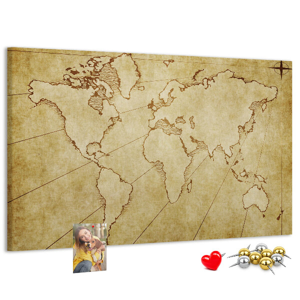 Bacheca in sughero con mappa antica del mondo e dei continenti