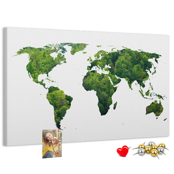 Lavagna di sughero mappa del mondo con vegetazione verde