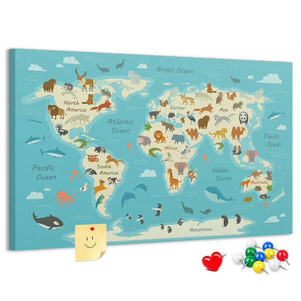 Bacheca in sughero mappa del mondo con animali selvatici