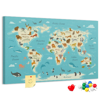 Bacheca in sughero mappa del mondo con animali selvatici