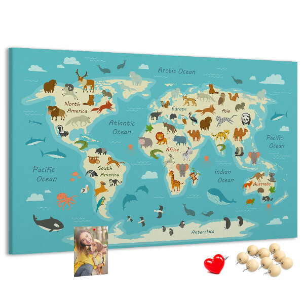 Bacheca in sughero mappa del mondo con animali selvatici