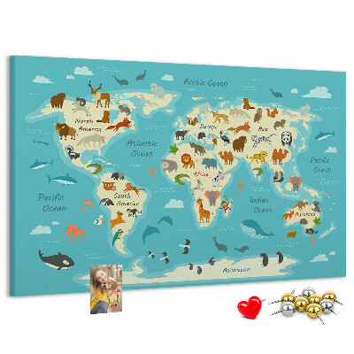 Bacheca in sughero mappa del mondo con animali selvatici