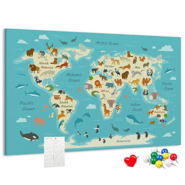 Bacheca in sughero mappa del mondo con animali selvatici