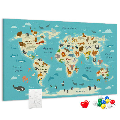 Bacheca in sughero mappa del mondo con animali selvatici