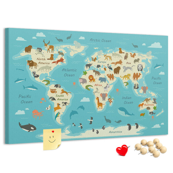 Bacheca in sughero mappa del mondo con animali selvatici