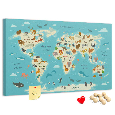 Bacheca in sughero mappa del mondo con animali selvatici