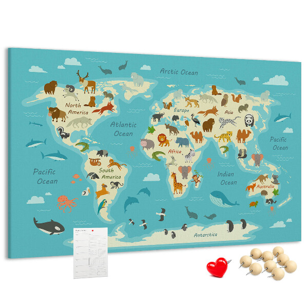 Bacheca in sughero mappa del mondo con animali selvatici