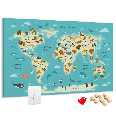 Bacheca in sughero mappa del mondo con animali selvatici