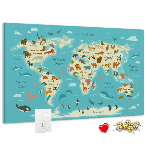 Bacheca in sughero mappa del mondo con animali selvatici