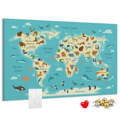 Bacheca in sughero mappa del mondo con animali selvatici