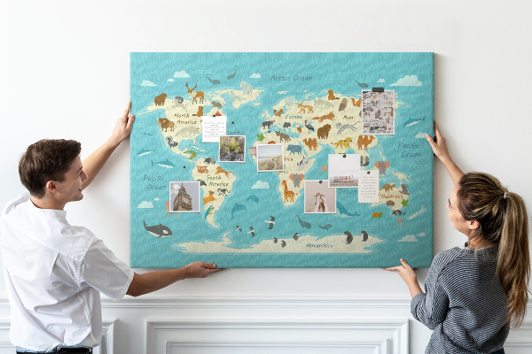 Bacheca in sughero mappa del mondo con animali selvatici