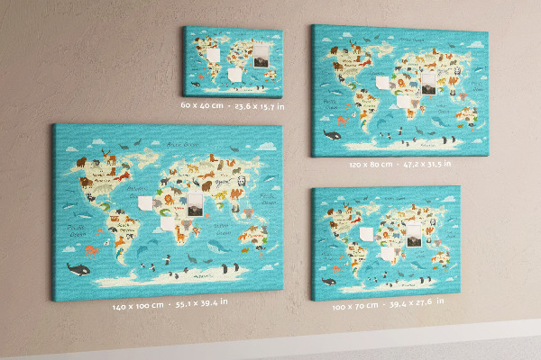 Bacheca in sughero mappa del mondo con animali selvatici