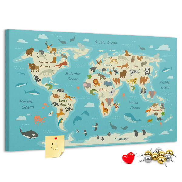 Bacheca in sughero mappa del mondo con animali selvatici