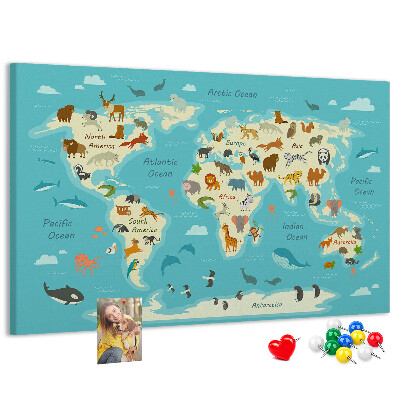 Bacheca in sughero mappa del mondo con animali selvatici