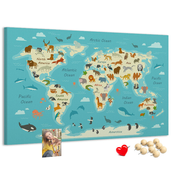 Bacheca in sughero mappa del mondo con animali selvatici