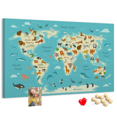 Bacheca in sughero mappa del mondo con animali selvatici