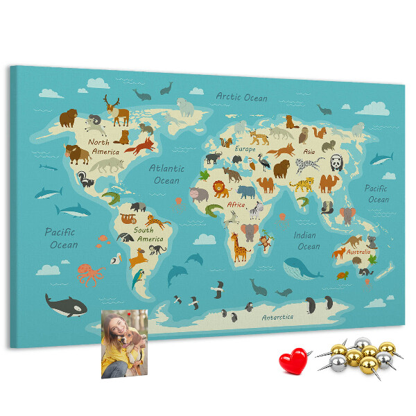 Bacheca in sughero mappa del mondo con animali selvatici