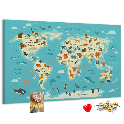 Bacheca in sughero mappa del mondo con animali selvatici
