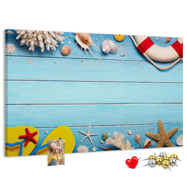 Lavagna di sughero con decorazione estiva marina a tema conchiglie e sabbia