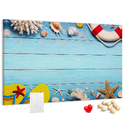Lavagna di sughero con decorazione estiva marina a tema conchiglie e sabbia