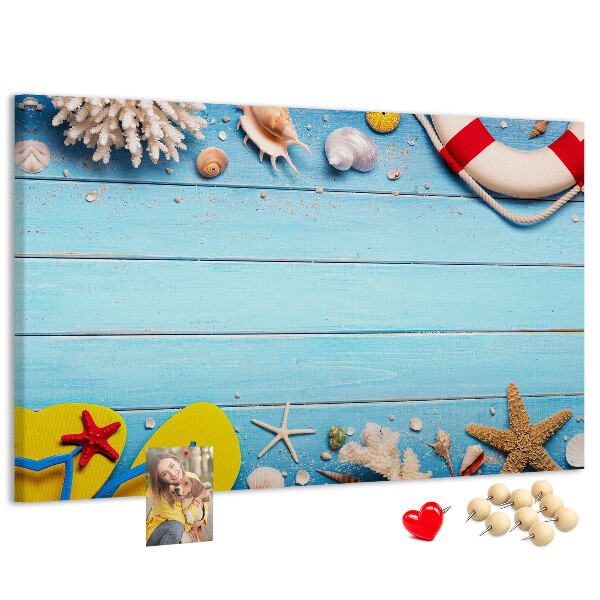 Lavagna di sughero con decorazione estiva marina a tema conchiglie e sabbia