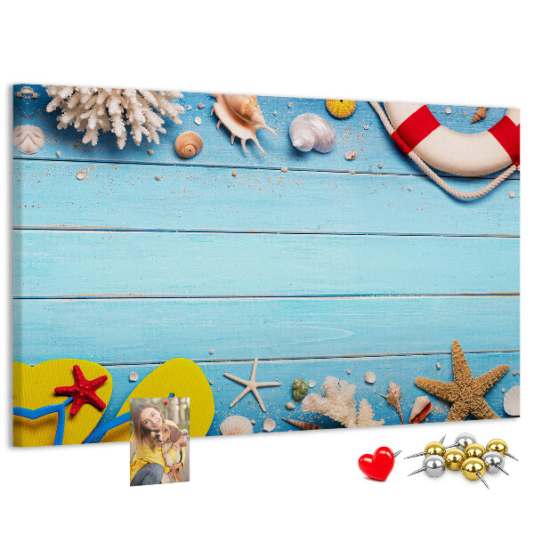 Lavagna di sughero con decorazione estiva marina a tema conchiglie e sabbia