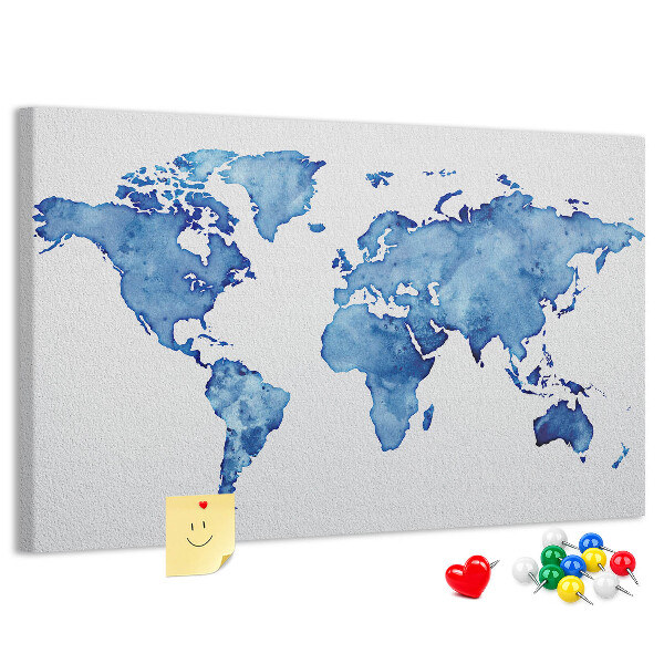 Bacheca in sughero con stampa di mappa del mondo ad acquerello blu