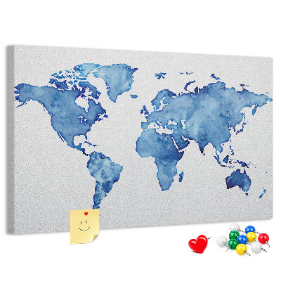 Bacheca in sughero con stampa di mappa del mondo ad acquerello blu