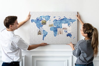 Bacheca in sughero con stampa di mappa del mondo ad acquerello blu