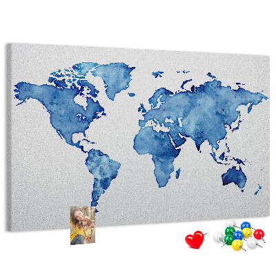 Bacheca in sughero con stampa di mappa del mondo ad acquerello blu