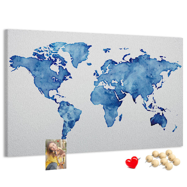 Bacheca in sughero con stampa di mappa del mondo ad acquerello blu