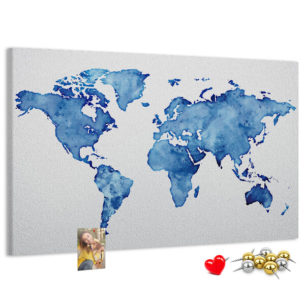 Bacheca in sughero con stampa di mappa del mondo ad acquerello blu