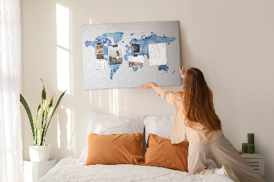Bacheca in sughero con stampa di mappa del mondo ad acquerello blu