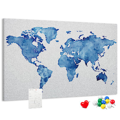 Bacheca in sughero con stampa di mappa del mondo ad acquerello blu
