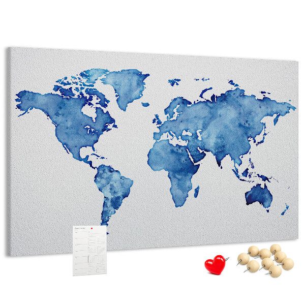 Bacheca in sughero con stampa di mappa del mondo ad acquerello blu