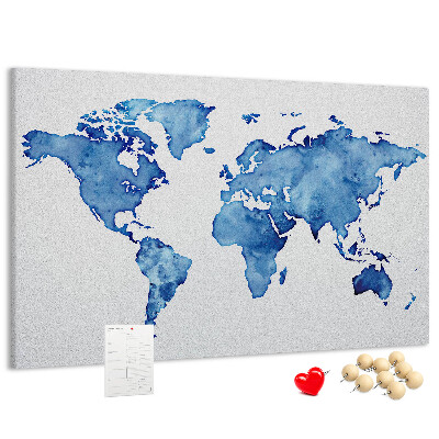 Bacheca in sughero con stampa di mappa del mondo ad acquerello blu